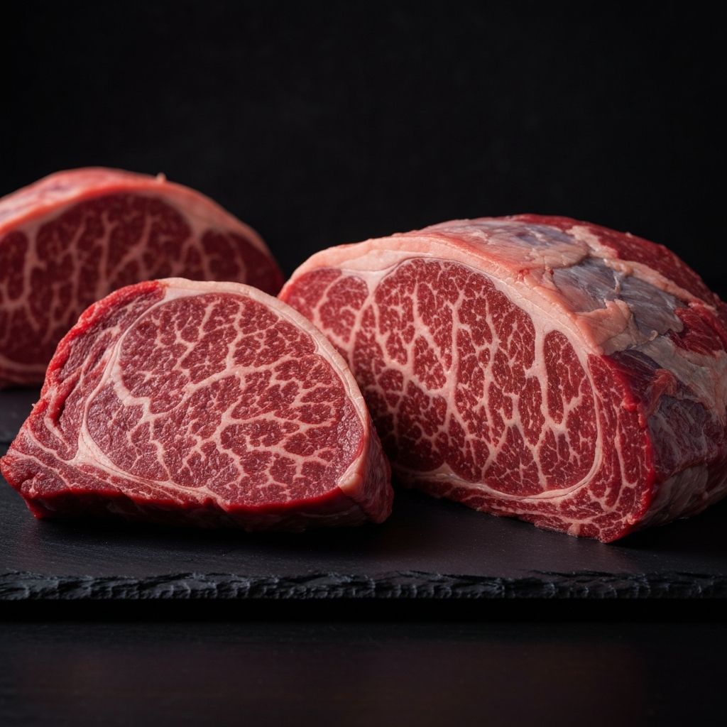 Premium marbled Australian beef cuts displayed on a dark slate surface