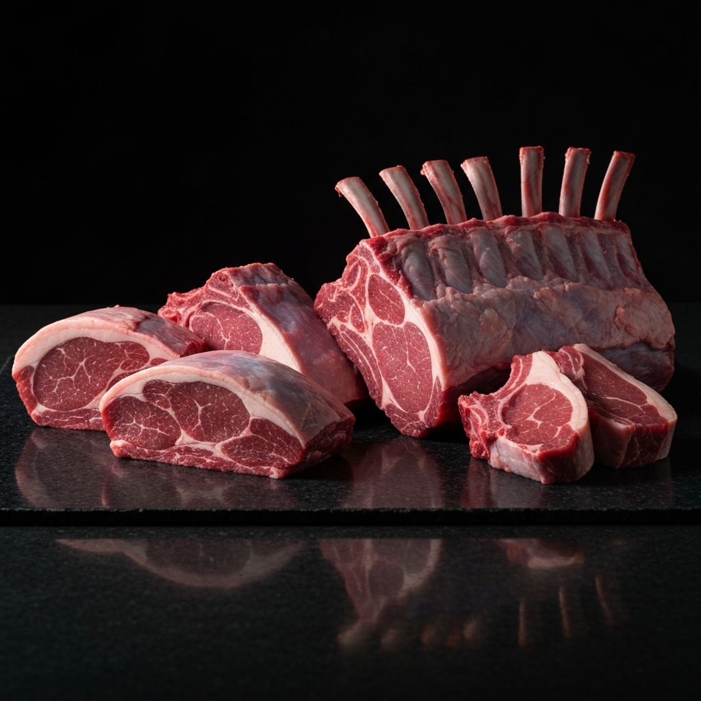 Premium Australian lamb rack and cuts presented on a dark stone surface
