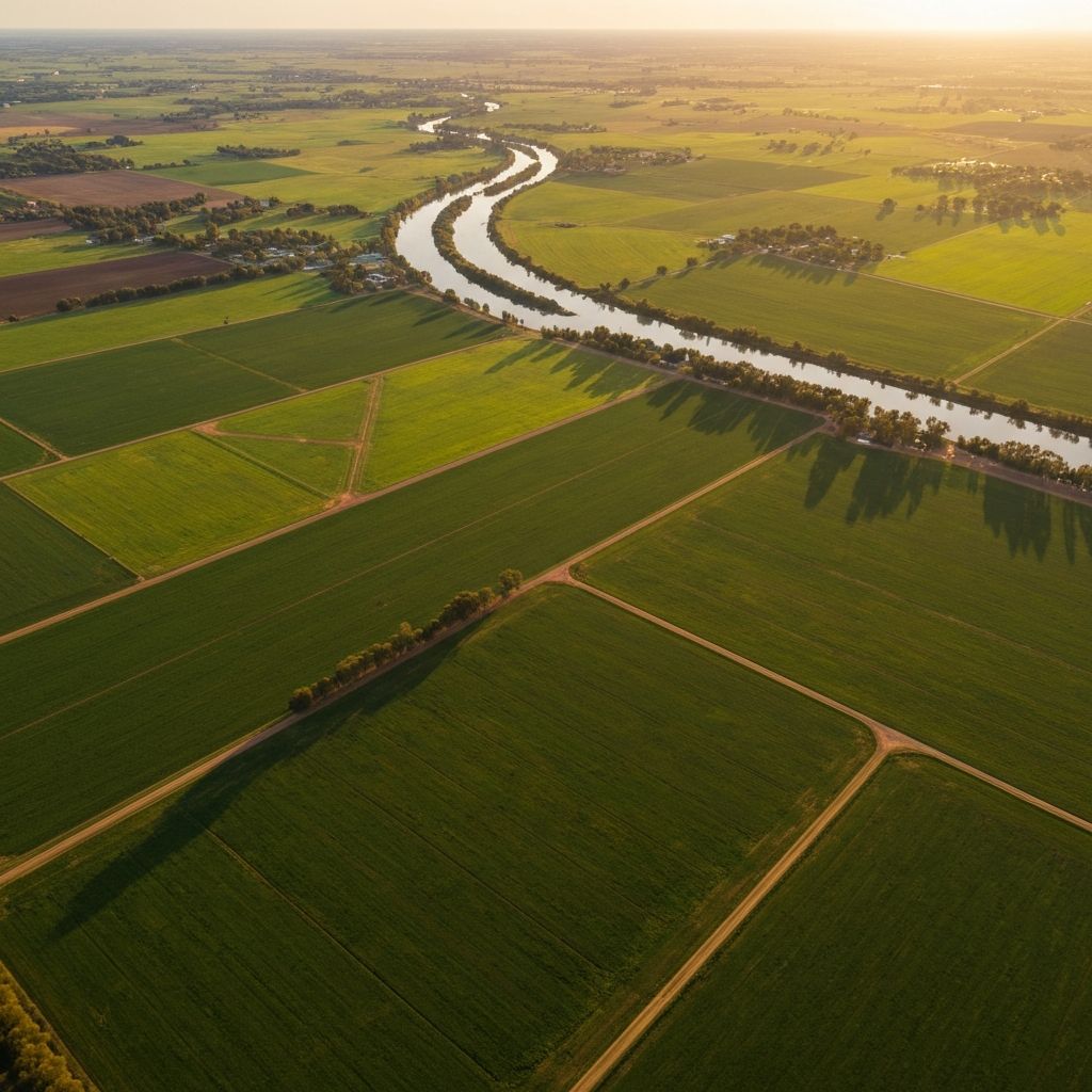Aerial view of the Murray River and agricultural farmland surrounding Swan Hill, Victoria